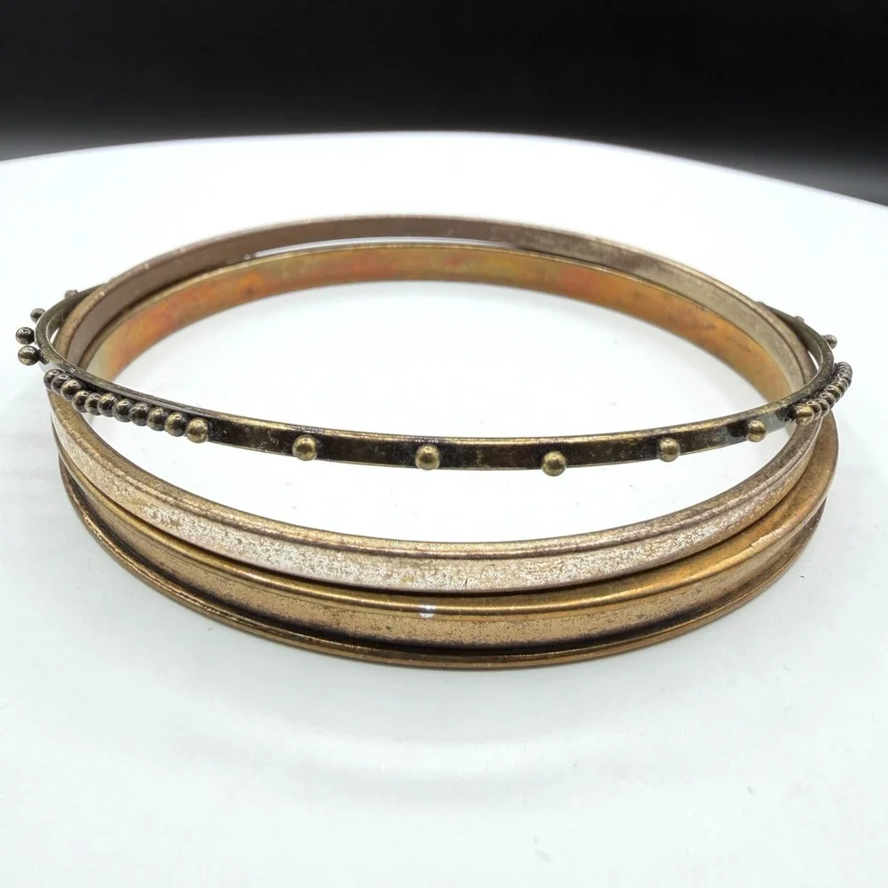Brass Tone Multi Band Bangle Bracelet Beaded Dot Boho Tribal Statement Jewelry